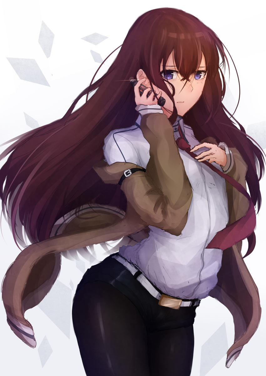 1girl absurdres belt black_legwear blue_eyes breasts brown_hair collared_shirt cowboy_shot denim denim_shorts franlol hair_between_eyes highres jacket long_hair long_sleeves looking_at_viewer makise_kurisu necktie off_shoulder pantyhose pantyhose_under_shorts shirt short_shorts shorts small_breasts solo steins;gate