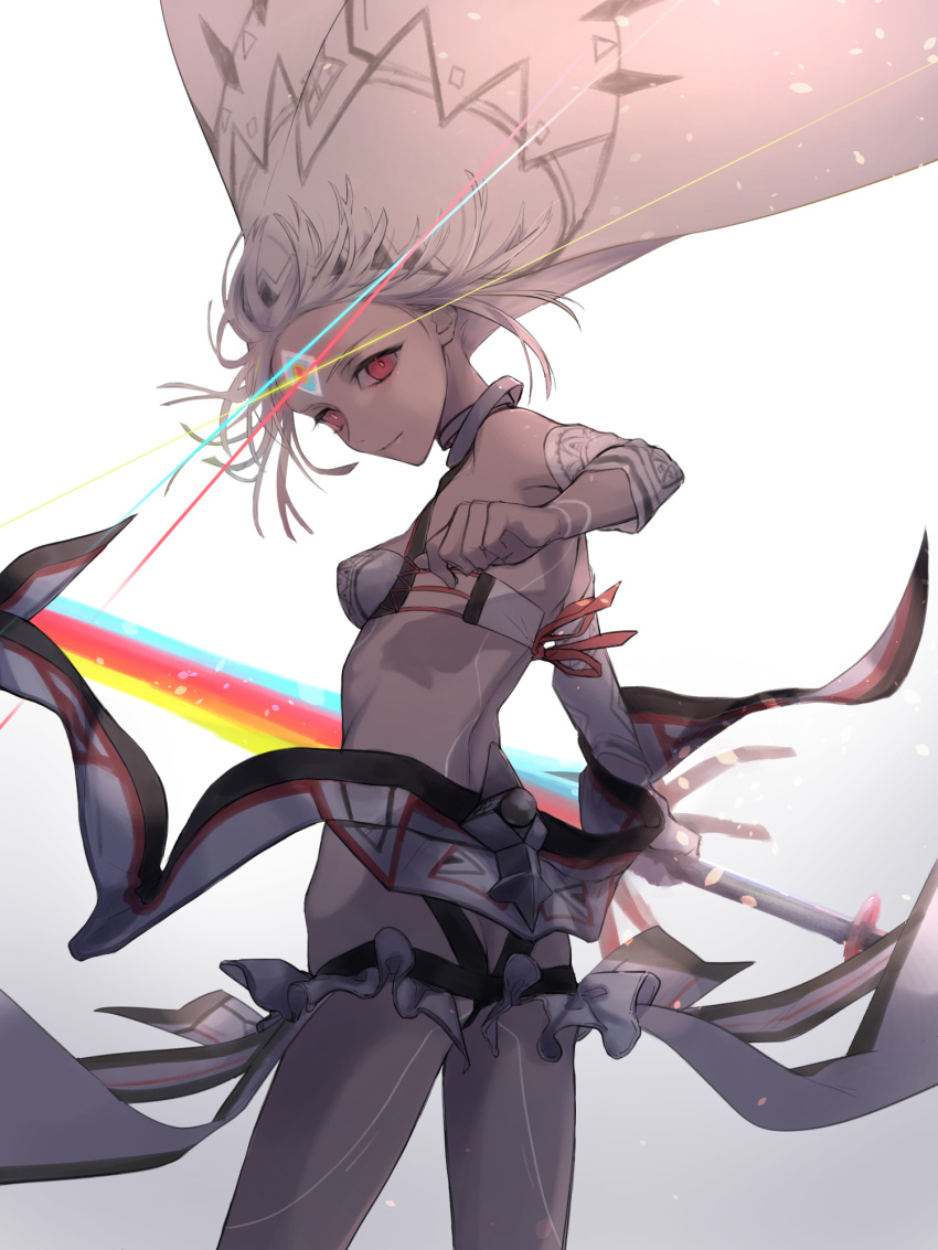 1girl altera_(fate) ashita_kura ass breasts commentary dark_skin facial_mark fate/extella fate/extra fate/grand_order fate_(series) forehead_mark full_body_tattoo gradient gradient_background grey_background highres holding holding_sword holding_weapon light photon_ray red_eyes red_ribbon ribbon shadow short_hair small_breasts smile solo sword tattoo veil weapon white_background white_hair