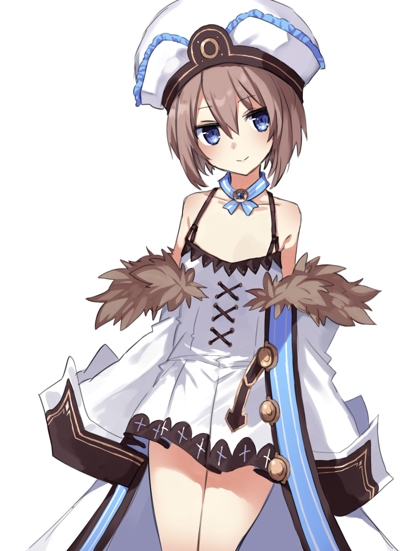 1girl bare_shoulders blanc blancpig_yryr blue_eyes brown_hair dress eyebrows_visible_through_hair flat_chest hair_between_eyes hat highres looking_at_viewer neptune_(series) short_hair simple_background smile solo white_background white_dress