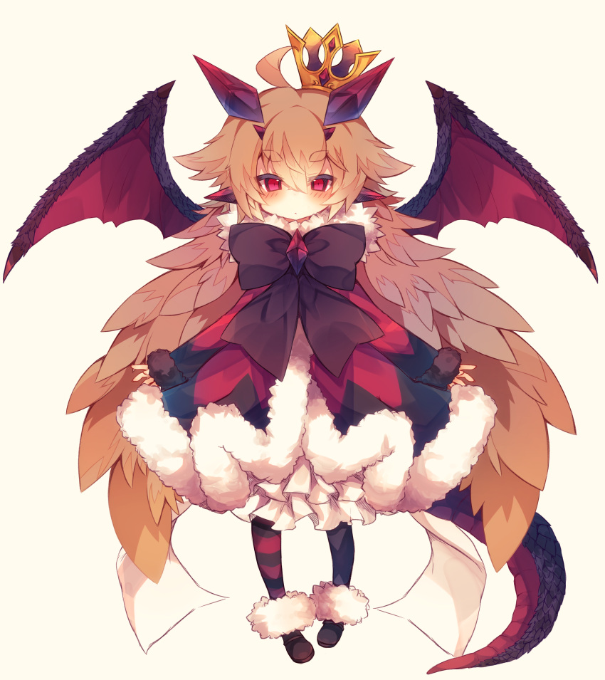 1girl absurdres ahoge bangs beige_background black_legwear blush brown_eyes brown_footwear brown_wings character_request closed_mouth coat commentary_request crown crystal dragon_girl dragon_tail dragon_wings eyebrows_visible_through_hair feathered_wings fur-trimmed_boots fur-trimmed_coat fur-trimmed_sleeves fur_trim hair_between_eyes highres long_sleeves looking_at_viewer mini_crown mismatched_legwear muuran original pointy_ears red_coat red_wings scales simple_background sleeves_past_wrists solo standing striped striped_legwear tail thick_eyebrows violet_eyes wings