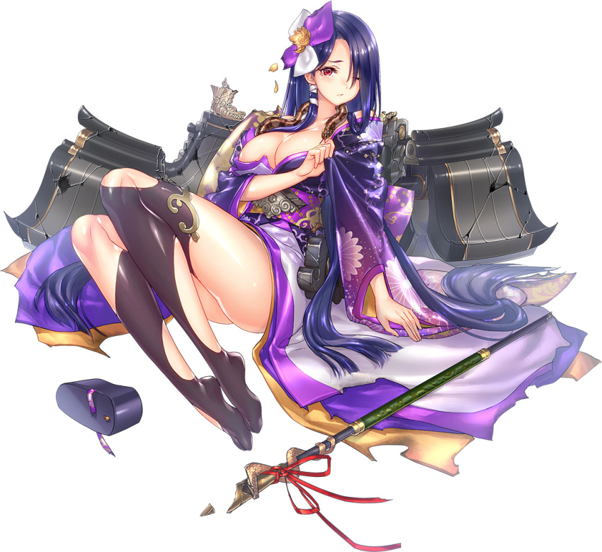 1girl artist_request black_legwear breasts broken broken_weapon cleavage full_body geta hair_over_one_eye japanese_clothes kimono kinkazan_(oshiro_project) large_breasts long_hair looking_at_viewer official_art one_eye_closed oshiro_project oshiro_project_re polearm purple_hair purple_kimono red_eyes shoes_removed snake solo spear thigh-highs torn_clothes torn_thighhighs transparent_background very_long_hair weapon