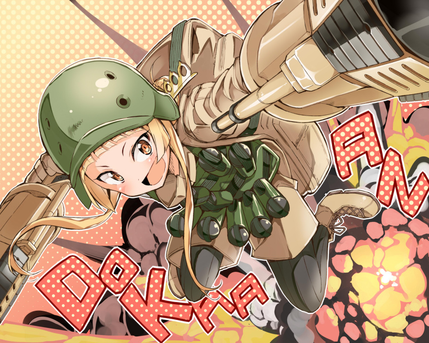 bibi blonde_hair camouflage dual_wielding explosion fukaziroh_(sao) gloves grenade_launcher gun hair_bun helmet highres jacket knife_in_hair mgl-140 rightony_&amp;_leftania sword_art_online sword_art_online_alternative:_gun_gale_online trench_knife weapon