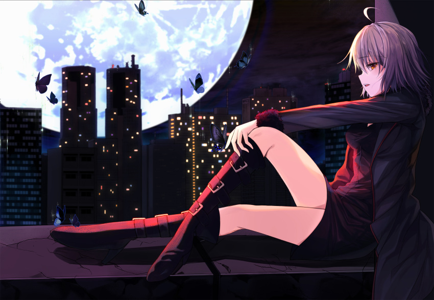 bug building butterfly city cityscape fate/grand_order fate_(series) full_moon highres insect jeanne_d'arc_(alter)_(fate) jeanne_d'arc_(fate) jeanne_d'arc_(fate)_(all) moon night sitting skyscraper xingjinmeijian