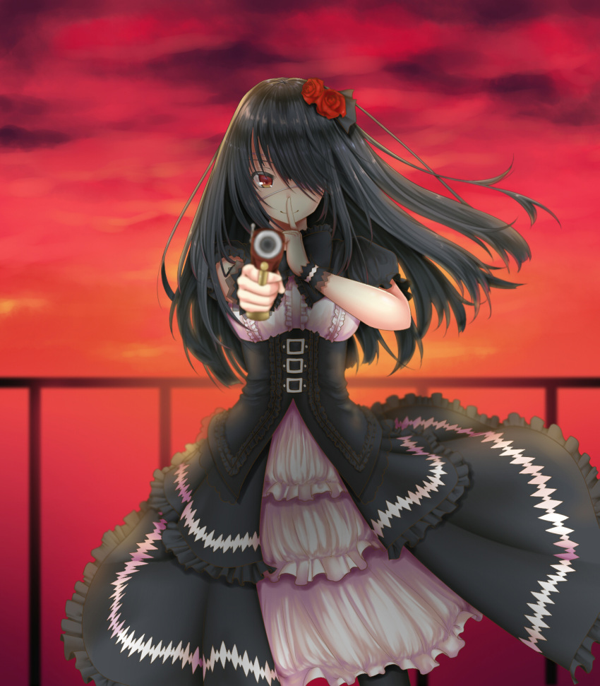 1girl aiming_at_viewer black_hair black_legwear date_a_live dress eyepatch finger_to_mouth flower frilled_dress frills gothic gun hair_flower hair_ornament hair_over_one_eye handgun handrail highres holding holding_gun holding_weapon long_hair outdoors puffy_short_sleeves puffy_sleeves red_eyes red_flower red_rose ribbon-trimmed_dress rose short_sleeves shushing smile solo sunset thigh-highs tokisaki_kurumi uc weapon wristband