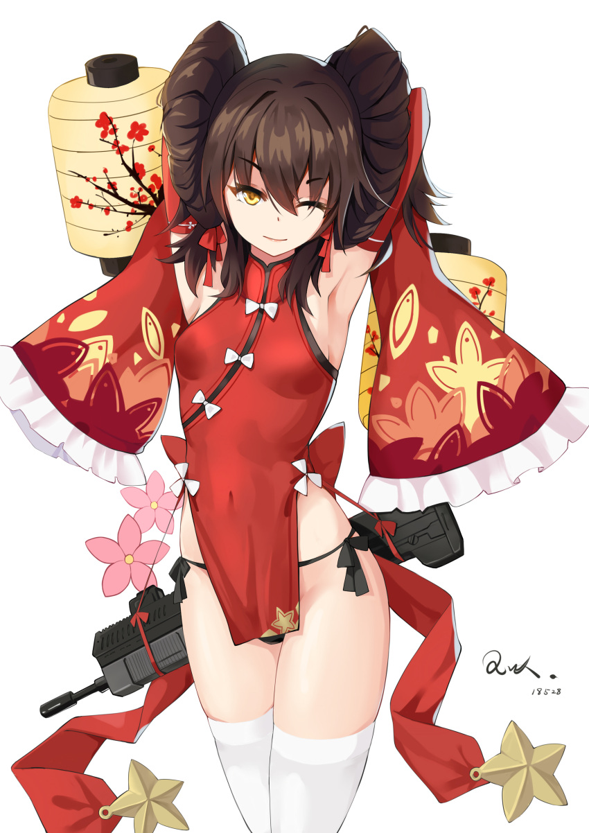 1girl absurdres armpits arms_behind_head assault_rifle bangs bare_shoulders black_hair black_panties bow bow_dress breasts brown_eyes brown_hair china_dress chinese_clothes closed_mouth cowboy_shot dated detached_sleeves double_bun dress eyebrows_visible_through_hair girls_frontline gun hair_between_eyes highres long_hair looking_at_viewer medium_breasts one_eye_closed open_mouth panties pelvic_curtain petals qbz-97 qbz-97_(girls_frontline) qianqiu_wanxia red_bow red_dress red_eyes rifle side-tie_panties sidelocks signature simple_background skindentation smile solo thigh-highs thighs twintails underwear weapon weapon_on_back white_bow white_legwear wide_sleeves