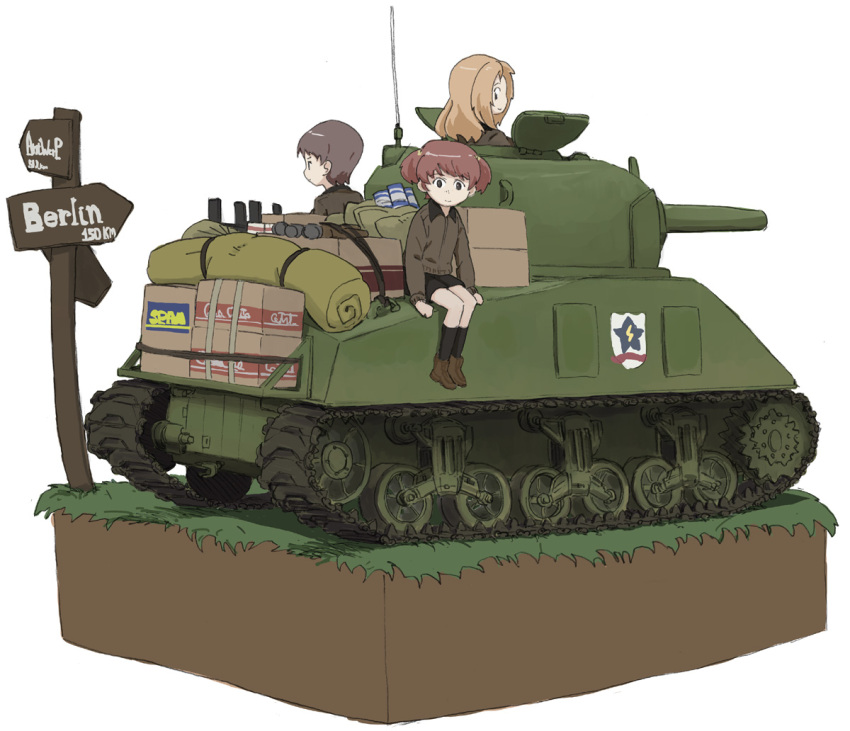 3girls alisa_(girls_und_panzer) arm_support bangs black_legwear black_shorts blonde_hair box brown_footwear brown_jacket cardboard_box closed_mouth commentary emblem english freckles girls_und_panzer grass ground_vehicle hair_ornament jacket kay_(girls_und_panzer) loafers long_hair long_sleeves looking_at_another looking_at_viewer looking_back military military_uniform military_vehicle motor_vehicle multiple_girls naomi_(girls_und_panzer) nogitatsu saunders_(emblem) saunders_military_uniform shoes short_hair short_twintails shorts simple_background sitting smile socks spam star star_hair_ornament tank twintails uniform very_short_hair white_background