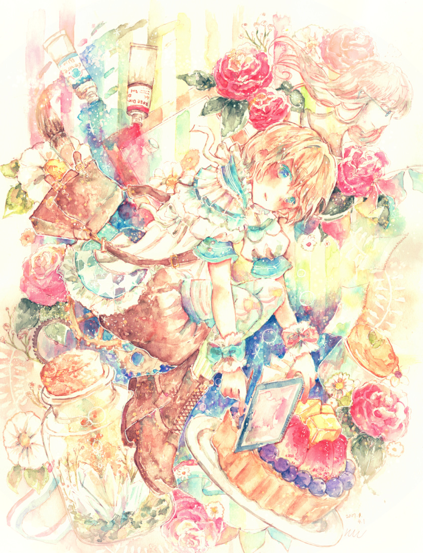 1boy bag blonde_hair blue_eyes blueberry blush book boots bottle brown_footwear dated dessert flower food fruit full_body glasses handbag highres looking_at_viewer male_focus mirror original paint_tube paintbrush qian_(monyonyo1000) short_sleeves traditional_media watercolor_(medium) white_legwear wrist_bow