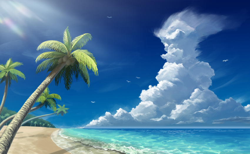 beach bird blue_sky clouds coconut coconut_tree commentary_request day horizon no_humans nokiya ocean original palm_tree sand scenery seagull shadow sky summer tree