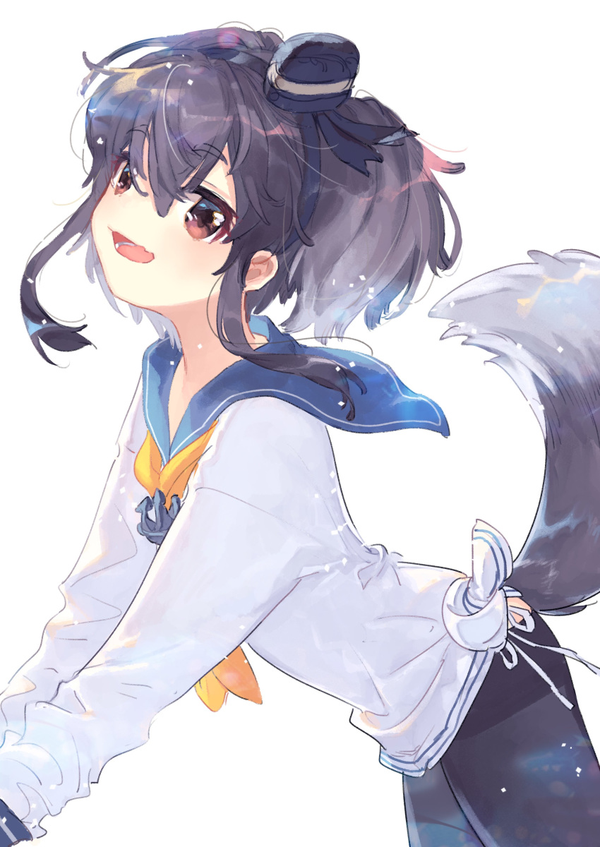1girl absurdres black_hair black_hairband brown_eyes dog_tail eyebrows_visible_through_hair from_side hairband hat highres kantai_collection looking_at_viewer mini_hat neckerchief open_mouth shirt short_hair short_hair_with_long_locks sidelocks simple_background solo tail tied_shirt tokitsukaze_(kantai_collection) white_background yellow_neckwear zuho_(vega)