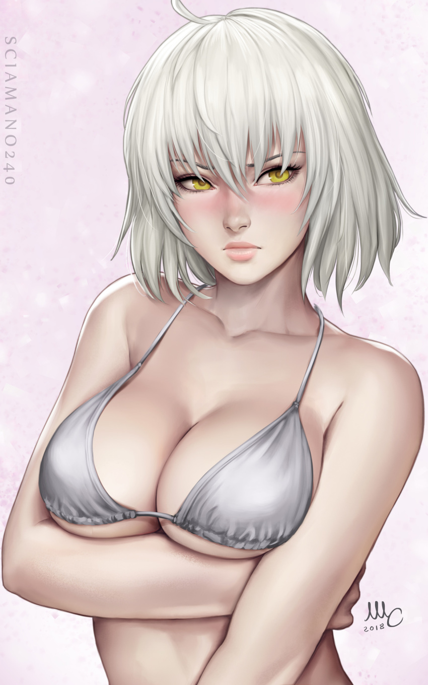 1girl antenna_hair artist_name bangs bare_shoulders bikini_top blush breast_hold breasts cleavage closed_mouth collarbone dated fate/apocrypha fate/grand_order fate_(series) hair_between_eyes highres jeanne_d'arc_(alter)_(fate) jeanne_d'arc_(fate)_(all) jewelry large_breasts lips looking_at_viewer sciamano240 short_hair silver_bikini_top silver_hair solo yellow_eyes