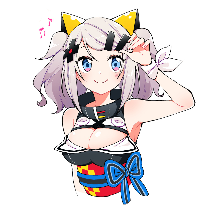 1girl absurdres animal_ears arm_at_side arm_up armpits bangs bare_shoulders beamed_eighth_notes black_dress blue_eyes blue_ribbon blush breasts cat_ears cleavage cleavage_cutout closed_mouth cropped_torso dress eighth_note fingernails hair_ornament hairclip highres kaguya_luna kaguya_luna_(character) kurihara_sakura large_breasts long_hair looking_at_viewer musical_note obi ribbon sash sidelocks silver_hair simple_background sleeveless sleeveless_dress smile solo swept_bangs twintails upper_body virtual_youtuber white_background