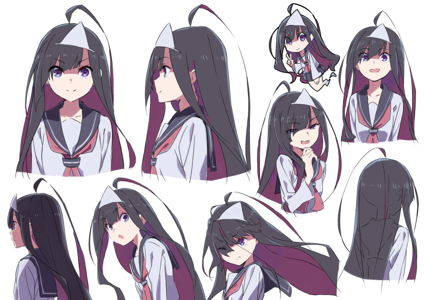 1girl :d :o absurdres ahoge black_hair black_sailor_collar chibi closed_mouth expressions eyebrows_visible_through_hair eyes_visible_through_hair from_side ghost ghost_tail hand_up highres long_hair long_sleeves looking_at_viewer multiple_views neckerchief one_eye_closed open_mouth original red_neckwear sailor_collar school_uniform serafuku smile smirk tama triangular_headpiece v-shaped_eyebrows violet_eyes yurako-san_(tama)