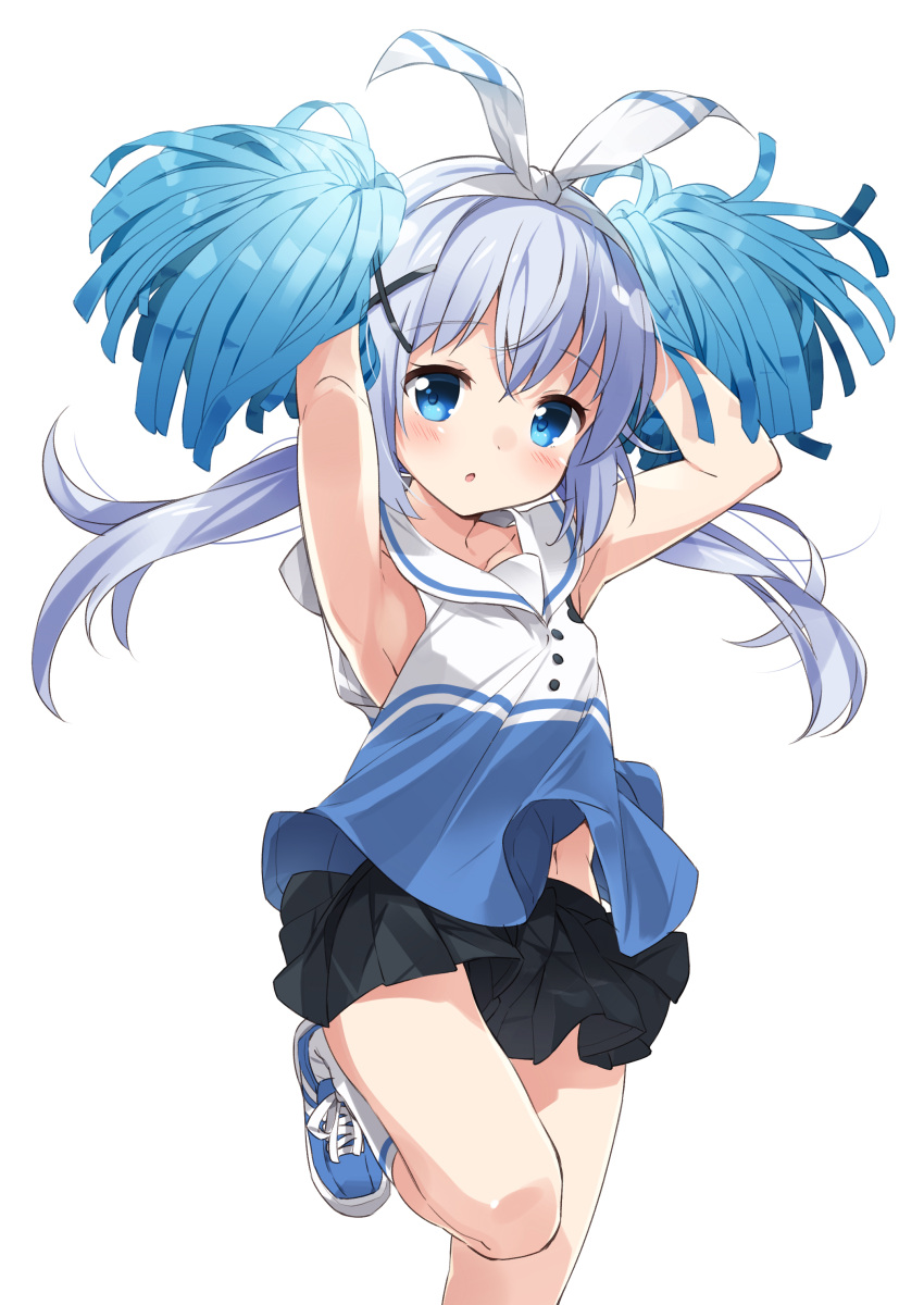 1girl absurdres armpits arms_up bangs black_skirt blue_eyes blue_footwear blue_hair blush cheerleader collarbone collared_shirt commentary_request eyebrows_visible_through_hair gochuumon_wa_usagi_desu_ka? hair_between_eyes hair_ornament hair_ribbon highres kafuu_chino kneehighs long_hair looking_at_viewer low_twintails mousou_(mousou_temporary) navel parted_lips pleated_skirt pom_poms ribbon shirt shoes sidelocks simple_background skirt sleeveless sleeveless_shirt solo standing standing_on_one_leg twintails very_long_hair white_background white_legwear white_ribbon x_hair_ornament