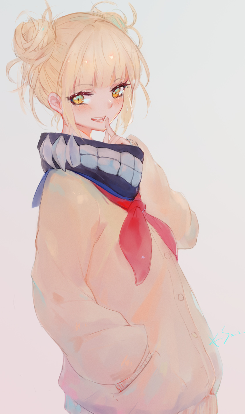 1girl :d blonde_hair boku_no_hero_academia double_bun from_side grey_background hand_in_pocket highres kisei2 looking_at_viewer neckerchief open_mouth orange_eyes red_neckwear sharp_teeth short_hair simple_background smile solo teeth toga_himiko