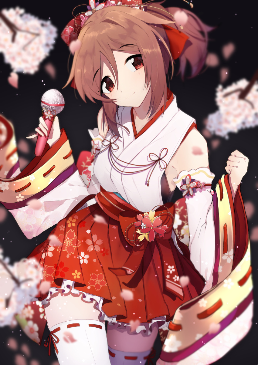 1girl absurdres black_background blurry blurry_background bow breasts brown_eyes brown_hair clenched_hand detached_sleeves doumyouji_karin hair_bow hakama head_tilt highres idolmaster idolmaster_cinderella_girls idolmaster_cinderella_girls_starlight_stage japanese_clothes looking_at_viewer medium_breasts medium_hair microphone ponytail red_skirt skirt smile solo standing thigh-highs tirunokiri white_legwear wide_sleeves