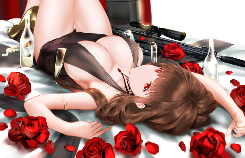 1girl absurdres ahoge alternate_costume armlet armpits bangs black_dress blunt_bangs blush bottle breasts brown_hair casual choker cleavage closed_mouth covered_navel cup dress drinking_glass dsr-50_(girls_frontline) dsr-50_(weapon) eyebrows_visible_through_hair flower girls_frontline gold_footwear gun hair_over_shoulder higandgk highres jewelry knees_up large_breasts leaning_back long_hair looking_at_viewer lying necklace no_bra on_back pendant petals pumps red_eyes rifle ring rose ruby_(stone) sideboob sidelocks sitting skindentation smile solo thighs very_long_hair weapon