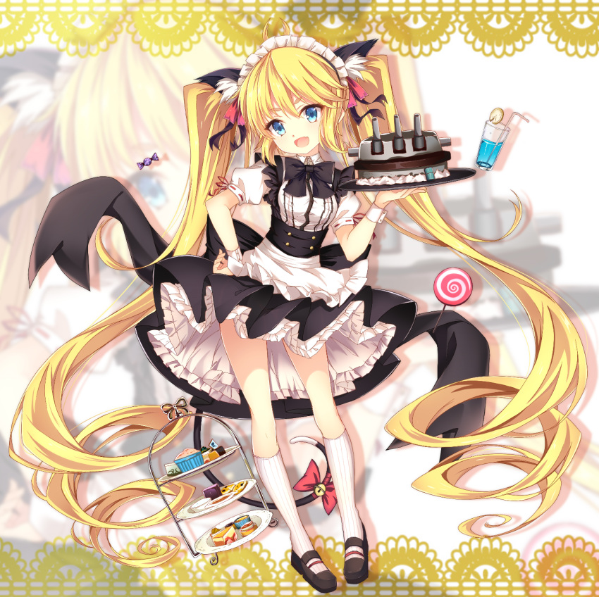 1girl :d absurdly_long_hair andrea_doria_(zhan_jian_shao_nyu) animal_ears apron bangs bell bendy_straw black_footwear black_skirt blonde_hair blue_eyes bow cake candy_wrapper cannon cat_ears cat_girl cat_tail commentary_request cookie cup drink drinking_glass drinking_straw eyebrows_visible_through_hair fang food frilled_apron frills hair_between_eyes hand_on_hip head_tilt highres holding holding_tray jianren jingle_bell kneehighs long_hair looking_at_viewer maid maid_headdress muffin open_mouth puffy_short_sleeves puffy_sleeves red_bow ribbed_legwear ringlets shirt shoes short_sleeves sidelocks skirt smile solo standing tail tail_bell tail_bow thick_eyebrows tiered_tray tray turret twintails v-shaped_eyebrows very_long_hair waist_apron white_apron white_legwear white_shirt wrist_cuffs zhan_jian_shao_nyu zoom_layer