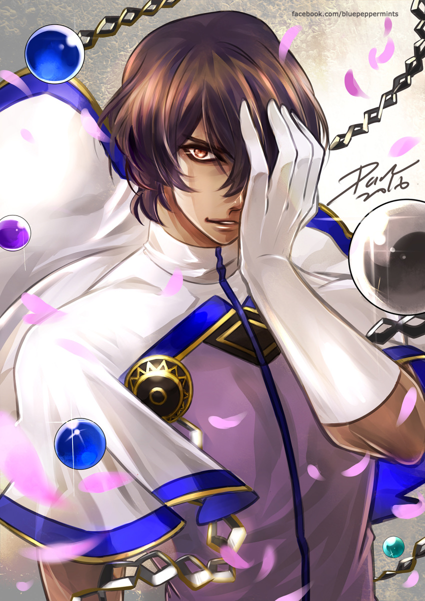 1boy arjuna_(fate/grand_order) ball brown_eyes brown_hair commentary contest_winner covering_face dark_skin dark_skinned_male darkn2ght_(bluepeppermints) english_commentary fate/grand_order fate_(series) hair_over_one_eye highres looking_at_viewer male_focus parted_lips pixiv_fate/grand_order_contest_1 watermark web_address