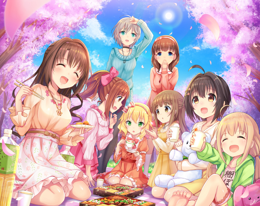 6+girls :d :o ahoge anastasia_(idolmaster) barefoot black_hair blanket blonde_hair blue_eyes blush bottle bow bowtie brown_eyes brown_hair cherry_blossoms choker chopsticks closed_eyes clothes_writing clouds commentary_request covering_mouth cup disposable_cup dress earrings eyebrows_visible_through_hair floral_print food frilled_sleeves frills futaba_anzu grass green_eyes hair_bow hair_ornament hairband hairclip half_updo hand_over_own_mouth high-waist_skirt highres holding holding_chopsticks holding_cup holding_plate hood hoodie idolmaster idolmaster_cinderella_girls igarashi_kyouko jewelry kneehighs kohinata_miho long_hair long_sleeves low_twintails multiple_girls necklace obentou one_side_up open_clothes open_hoodie open_mouth outdoors pantyhose partial_commentary petals picnic pink_hairband plate ponytail sakuma_mayu sakurai_momoka seiza shimamura_uzuki shirt short_hair shorts side_ponytail signature silver_hair sitting skirt sky smile stud_earrings stuffed_animal stuffed_bunny stuffed_toy sun sunlight sweater sweater_dress t-shirt teacup teddy_bear tree twintails u_rin wariza wavy_hair yorita_yoshino