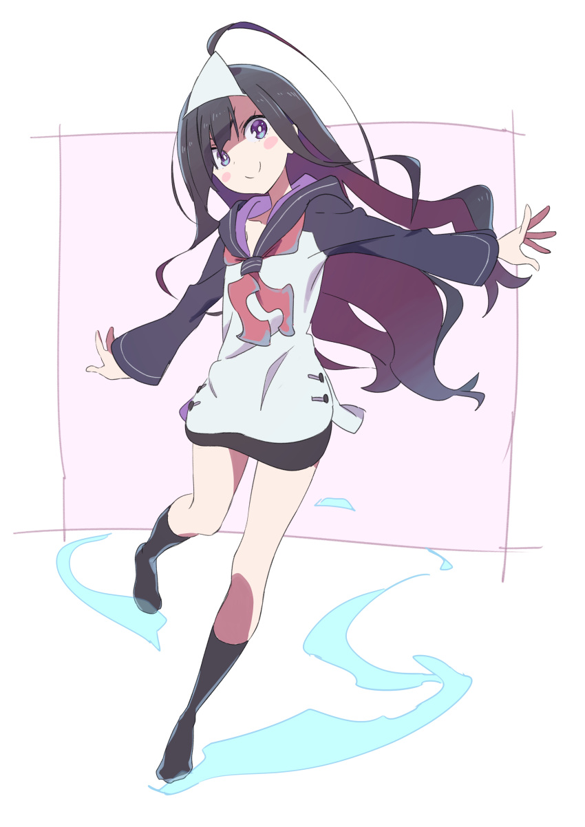 1girl absurdres ahoge bangs black_hair black_legwear black_sailor_collar blush_stickers diagonal_bangs full_body ghost highres long_hair long_sleeves looking_at_viewer neckerchief no_shoes original outstretched_arms raglan_sleeves red_neckwear sailor_collar school_uniform serafuku shirt smile socks solo spread_arms standing standing_on_one_leg tama triangular_headpiece violet_eyes white_shirt yurako-san_(tama)