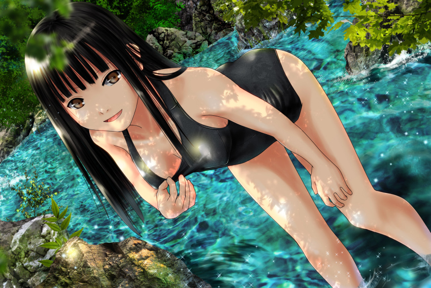 1girl ano_hito black_hair breasts brown_hair highres leaning_forward long_hair looking_at_viewer original partially_submerged school_swimsuit smile swimsuit teasing