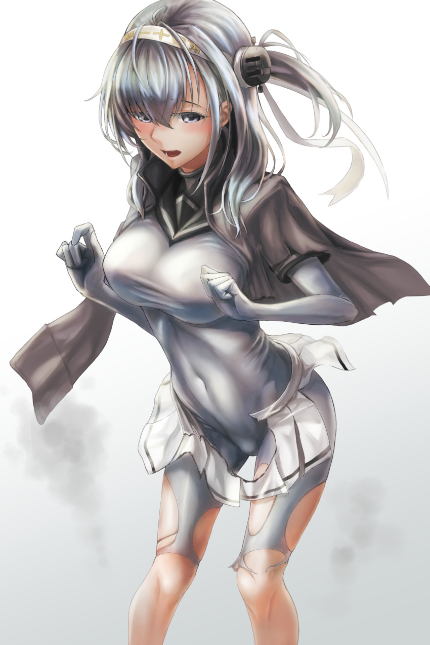 1girl absurdres blue_eyes blush bodysuit breasts clothes_writing covered_navel damaged gloves grey_background grey_bodysuit hachimaki hair_between_eyes half-closed_eyes hands_up headband highres kantai_collection kokuzoo leaning_forward long_hair looking_at_viewer medium_breasts miniskirt one_side_up open_mouth pleated_skirt sailor_collar school_uniform serafuku silver_hair simple_background skirt smoke solo suzutsuki_(kantai_collection) tareme torn_clothes