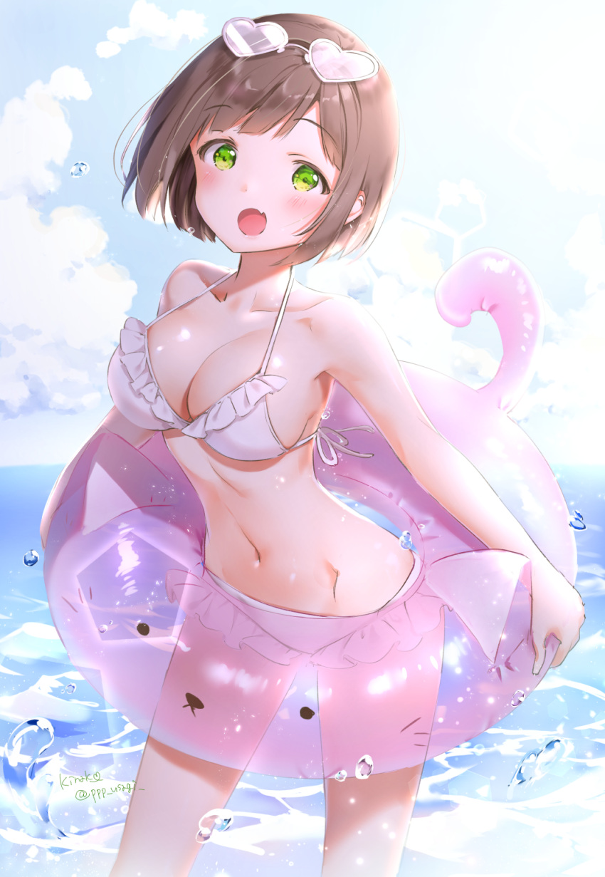 1girl :o animal_ears bare_shoulders beach bikini blush breasts brown_hair cat_ears cleavage clouds collarbone day eyewear_on_head fang frilled_bikini frills green_eyes halter_top halterneck heart heart-shaped_eyewear highres idolmaster idolmaster_cinderella_girls innertube large_breasts looking_at_viewer maekawa_miku navel ocean open_mouth outdoors shiratama_akane short_hair sky solo swimsuit transparent twitter_username water white_bikini