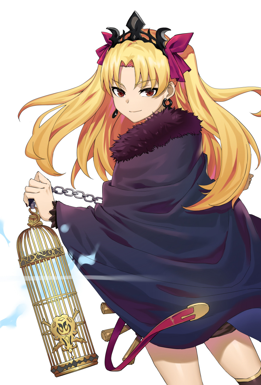 1girl absurdres bangs birdcage black_cape black_legwear blonde_hair bow cage cape chains closed_mouth dutch_angle earrings ereshkigal_(fate/grand_order) eyebrows_visible_through_hair fate/grand_order fate_(series) fur-trimmed_cape fur_trim hair_bow highres holding infinity jewelry long_hair looking_at_viewer looking_back makise_medaka parted_bangs purple_bow red_eyes simple_background smile solo thigh-highs tiara two_side_up very_long_hair white_background