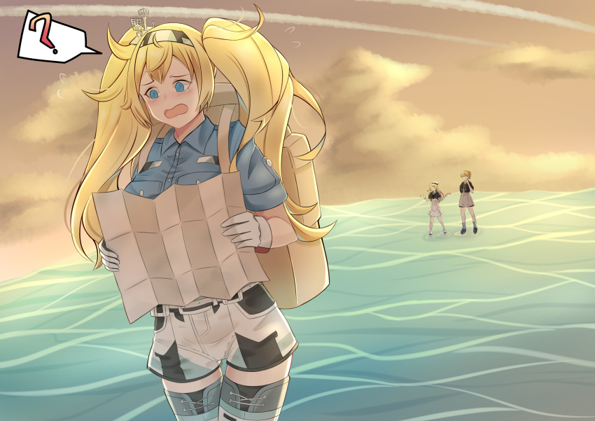 3girls absurdres bay belt black_shirt blonde_hair blue_eyes blue_shirt breasts brown_hair clouds cloudy_sky condensation_trail cowboy_shot crying dress gambier_bay_(kantai_collection) gloves grey_skirt hair_between_eyes hair_ornament hairband hat highres intrepid_(kantai_collection) jervis_(kantai_collection) kantai_collection large_breasts long_hair multicolored multicolored_clothes multiple_girls neues_(ryumatsunaka) ocean open_mouth pocket sailor_collar sailor_dress sailor_hat shirt shorts skirt sky thigh-highs twintails