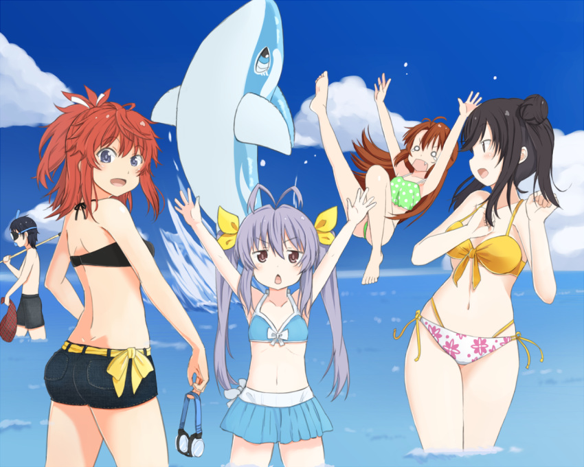 1boy 4girls angry barefoot bataken bikini bikini_skirt bikini_top black_hair blue_bikini brown_hair fang female_swimwear fish fishing_rod googles ichijou_hotaru inflatable_toy koshigaya_komari koshigaya_natsumi koshigaya_suguru long_hair looking_at_viewer mael_swimwear miyauchi_renge non_non_biyori ocean ponytail redhead short_hair shorts siblings snorkle surprised swim_trunks tears twintails violet_hair