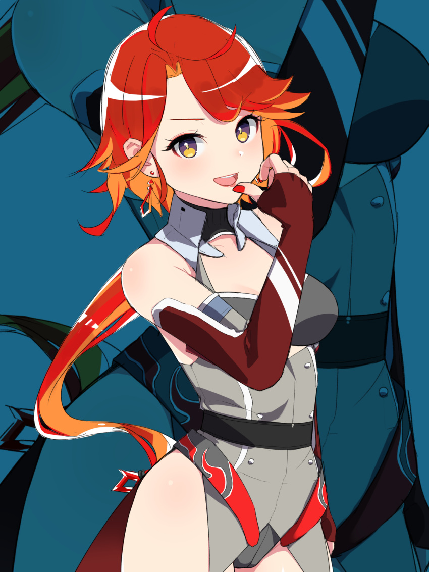 1girl :d arm_at_side azur_lane bare_shoulders black_leotard blush bright_pupils cowboy_shot earrings elbow_gloves fingerless_gloves gloves gradient_hair hand_up highres jewelry leotard long_hair looking_at_viewer multicolored_hair nail_polish nezuko open_mouth orange_hair phoenix_(azur_lane) ponytail red_gloves red_nails redhead smile solo standing very_long_hair yellow_eyes