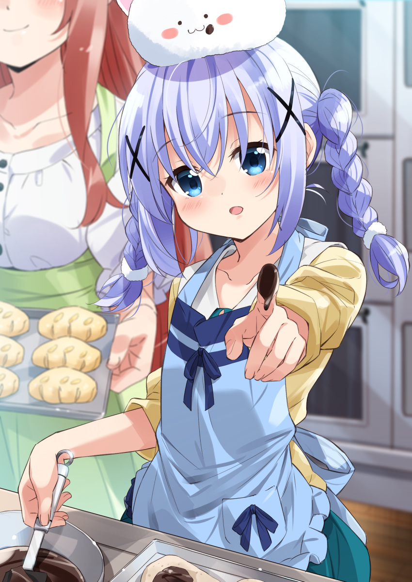 1girl :d absurdres angora_rabbit animal animal_on_head apron bangs blue_apron blue_eyes blue_hair blurry blurry_background blush braid bread brown_hair chocolate chocolate_on_fingers closed_mouth collarbone commentary_request depth_of_field eyebrows_visible_through_hair fingernails food gochuumon_wa_usagi_desu_ka? green_apron green_skirt hair_between_eyes hair_ornament head_out_of_frame head_tilt highres hoto_mocha indoors kafuu_chino long_hair long_sleeves looking_at_viewer mixing_bowl mousou_(mousou_temporary) on_head open_mouth outstretched_arm rabbit shirt skirt smile solo_focus spatula tippy_(gochiusa) twin_braids twintails white_shirt wooden_floor x_hair_ornament yellow_shirt