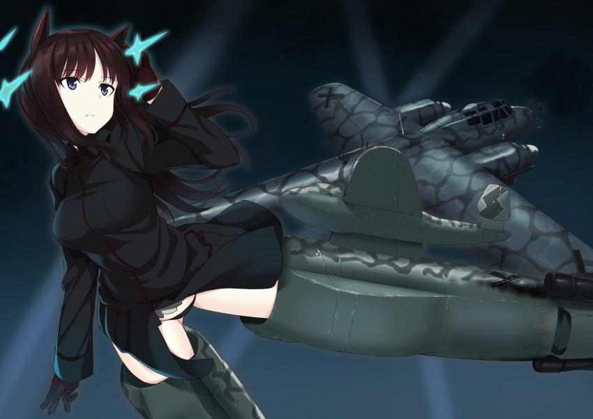 1girl a9b_(louis814) aircraft airplane animal_ears black_panties blue_eyes brown_hair commentary dog_ears eyebrows_visible_through_hair gloves gluteal_fold helmina_lent highres long_hair long_sleeves military military_uniform no_pants panties solo strike_witches striker_unit underwear uniform vehicle_request world_witches_series