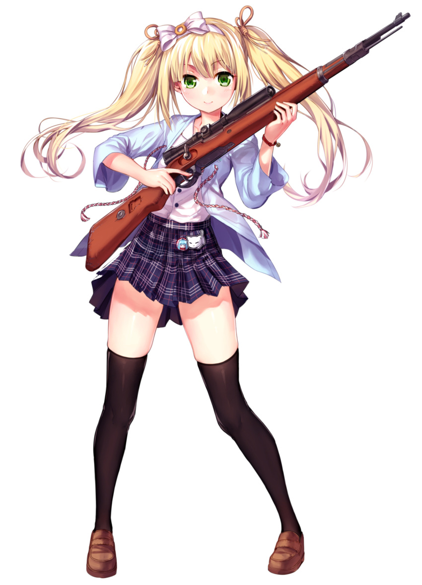 1girl absurdres azuki_azusa bangs black_legwear blonde_hair blue_jacket bolt_action bow brown_footwear full_body green_eyes gun hair_bow hentai_ouji_to_warawanai_neko. highres holding holding_gun holding_weapon jacket loafers long_hair looking_at_viewer miniskirt onceskylark open_clothes open_jacket pleated_skirt rifle school_uniform scope shirt shoes simple_background skirt smile solo standing tachi-e thigh-highs trigger_discipline twintails weapon weapon_request white_background white_shirt zettai_ryouiki