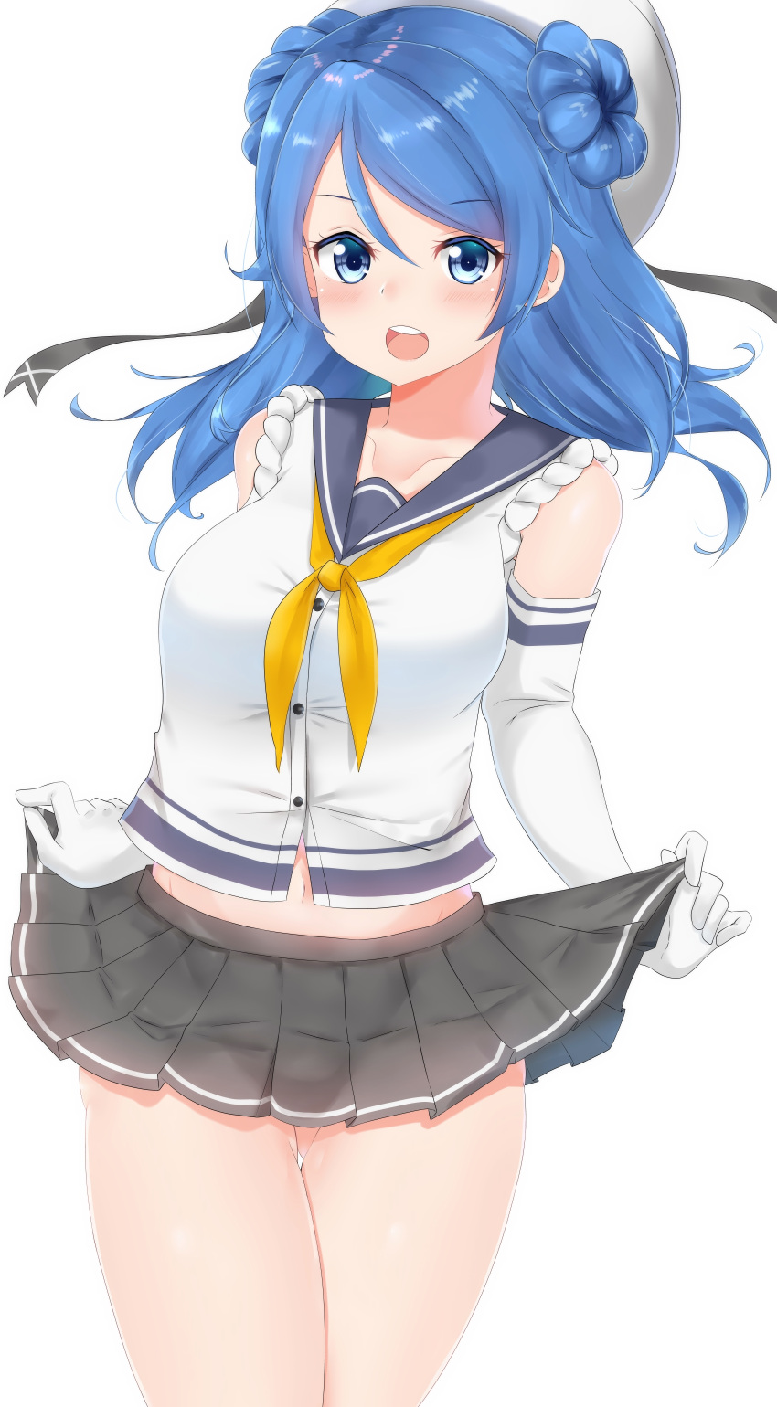 1girl :d absurdres beret blue_eyes blue_hair blush breasts collarbone double_bun elbow_gloves eyebrows_visible_through_hair gloves hat highres kantai_collection large_breasts looking_at_viewer myanon_(r-tone) navel neckerchief open_mouth pleated_skirt sailor_hat school_uniform serafuku skirt skirt_lift sleeves_rolled_up smile teeth thighs urakaze_(kantai_collection) white_background white_gloves white_hat yellow_neckwear