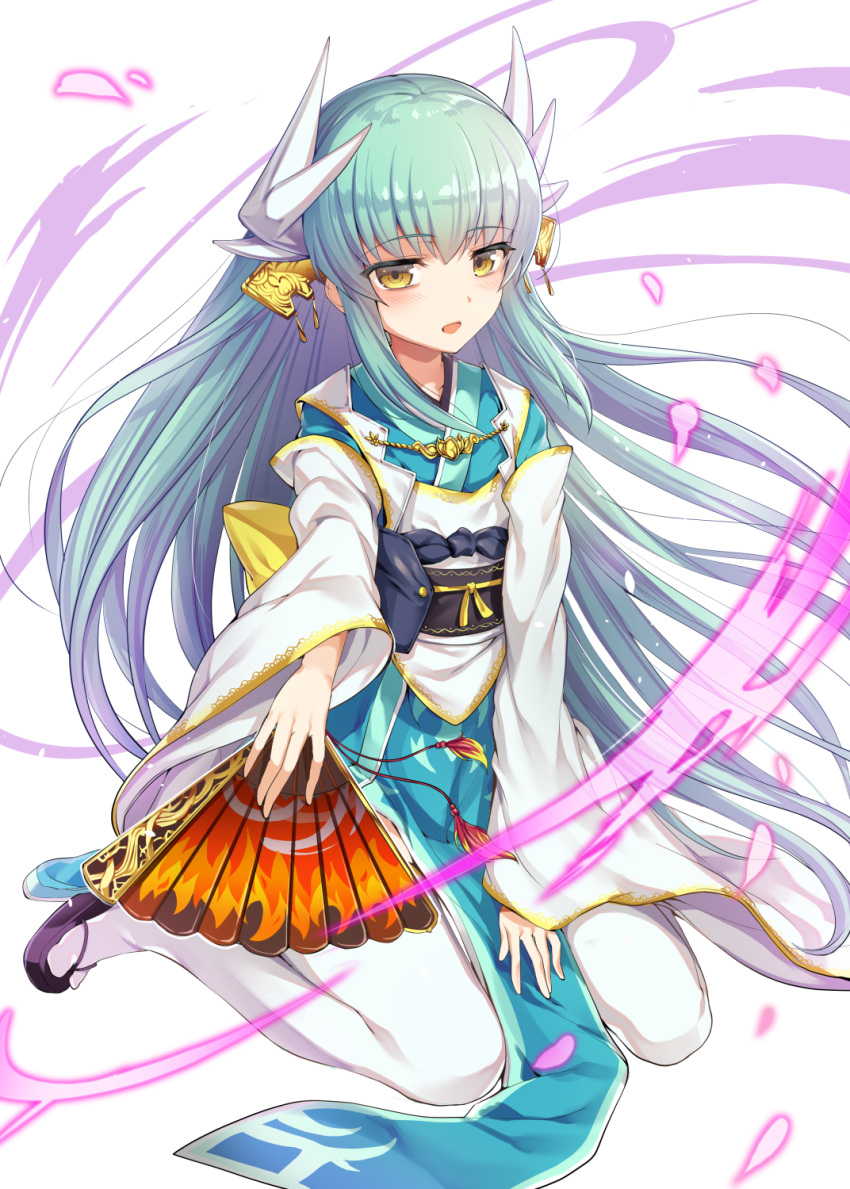 1girl aqua_hair arm_support black_footwear commentary_request dragon_girl dragon_horns energy eyebrows_visible_through_hair fan fate/grand_order fate_(series) folding_fan full_body headgear highres holding horns ikomochi japanese_clothes kimono kiyohime_(fate/grand_order) long_sleeves looking_at_viewer obi open_mouth pantyhose petals sandals sash short_kimono sitting smile solo tabi wariza white_legwear wide_sleeves yellow_eyes