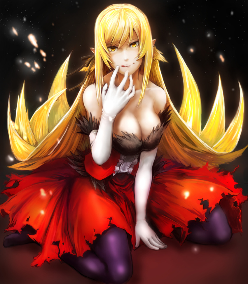 1girl bakemonogatari bare_shoulders blonde_hair breasts cleavage commentary_request dress elbow_gloves fur-trimmed_dress fur-trimmed_gloves fur_trim gloves hand_to_own_mouth harunatsu_akifumi highres kiss-shot_acerola-orion_heart-under-blade kizumonogatari large_breasts licking_lips long_hair looking_at_viewer monogatari_(series) pantyhose pointy_ears purple_legwear red_dress solo strapless strapless_dress tongue tongue_out very_long_hair white_gloves yellow_eyes