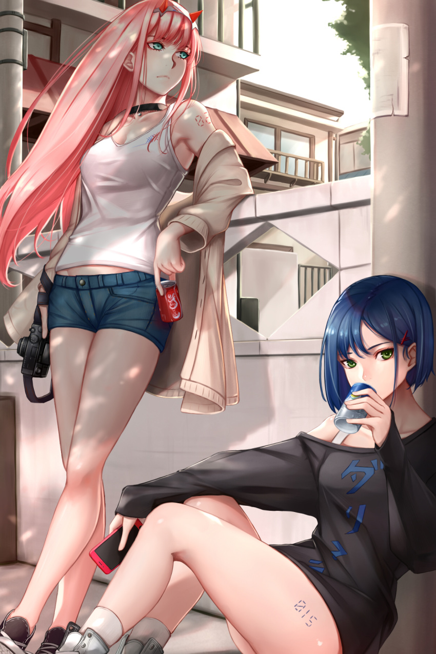 against_pillar against_railing black_shirt blue_hair blue_pants camera can chocker coca-cola darling_in_the_franxx denim denim_shorts dydydyok green_eyes hair_ornament hairpin highres holding holding_camera holding_can holding_phone horns ichigo_(darling_in_the_franxx) long_hair pants phone pink_hair red_bull shirt short_shorts shorts shoulder_tattoo sweater tattoo thighs white_shirt zero_two_(darling_in_the_franxx)