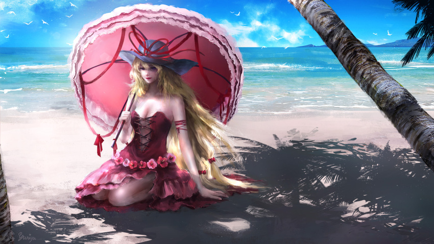 1girl animal arm_ribbon arm_support artist_name bangs bare_shoulders bird blonde_hair bow breasts cleavage clouds commentary_request cross-laced_clothes day dress flower full_body hair_between_eyes hair_bow half-closed_eyes hand_up hat hat_ribbon highres holding holding_umbrella large_breasts lips long_hair looking_at_viewer mountain nose ocean palm_tree parasol pink_dress red_bow red_ribbon ribbon sand seagull shore signature sitting sky solo summer sun_hat touhou tree tree_shade umbrella very_long_hair violet_eyes wallpaper wariza yakumo_yukari yuriya_(riyuclock_19)