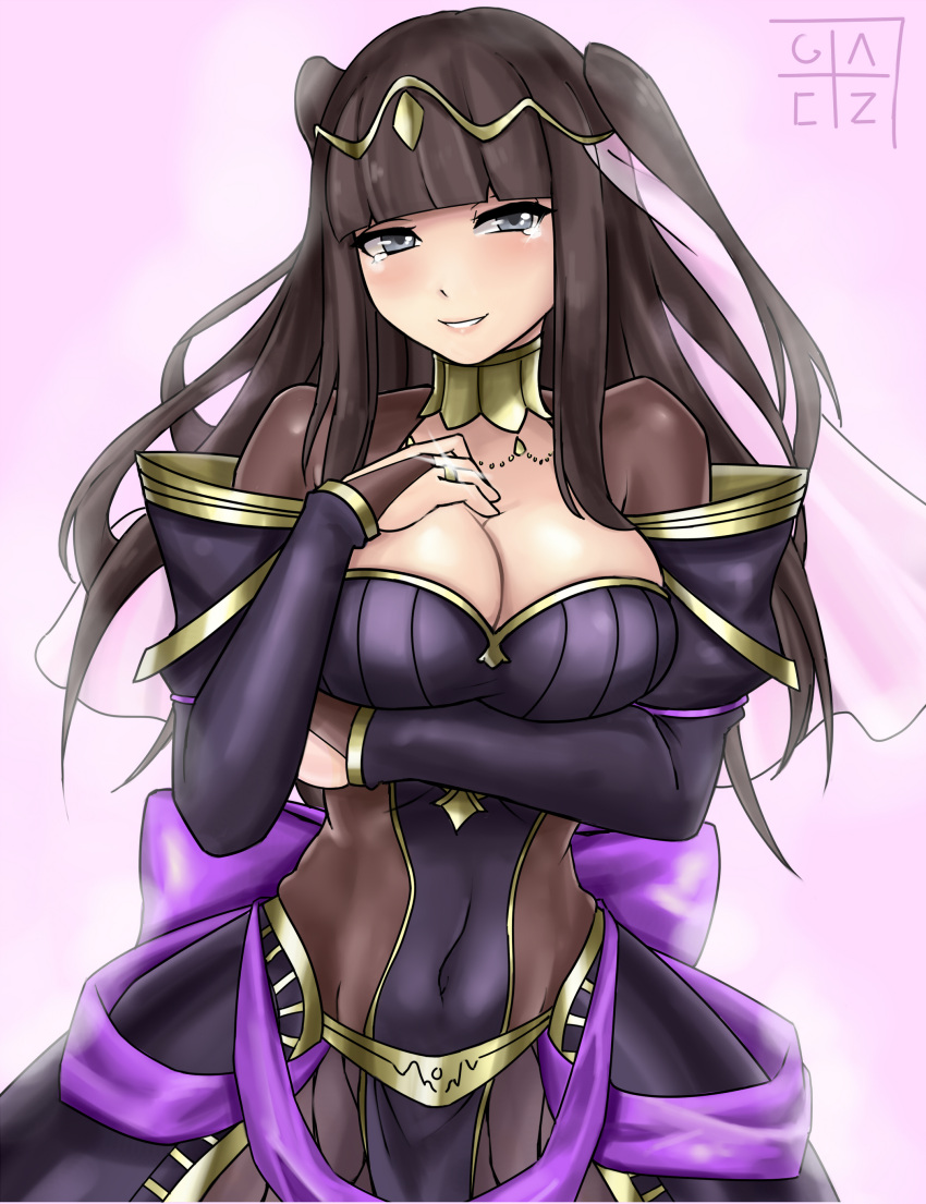 1girl absurdres alternate_costume arm_under_breasts bangs black_hair blunt_bangs bodystocking bow breasts bridal_veil bride circlet cleavage covered_navel cowboy_shot crying crying_with_eyes_open dress elbow_gloves fire_emblem fire_emblem_heroes geazs gloves grey_eyes hand_on_own_chest highres jewelry large_breasts married necklace pelvic_curtain purple_bow ring shiny skin_tight smile strapless strapless_dress tears tharja tiara two_side_up veil wedding wedding_dress