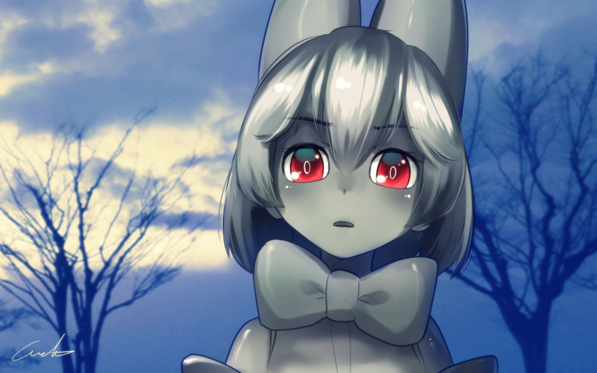 1girl alternate_color animal_ears bow bowtie cerval clouds commentary_request eyebrows_visible_through_hair grey_skin hair_between_eyes kemono_friends looking_at_viewer outdoors parted_lips red_eyes short_hair signature silver_hair solo welt_(kinsei_koutenkyoku)