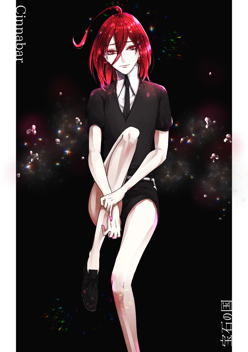 1other absurdres ahoge androgynous black_background character_name colored_eyelashes copyright_name gem_uniform_(houseki_no_kuni) hair_between_eyes highres houseki_no_kuni long_bangs looking_at_viewer mercury necktie red_eyes redhead shinsha_(houseki_no_kuni) short_hair sitting solo sparkle