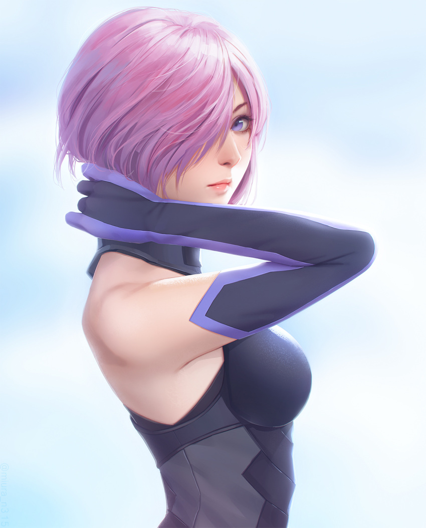 1girl adjusting_hair arm_up elbow_gloves expressionless fate/grand_order fate_(series) from_side gloves hair_over_one_eye highres lavender_hair looking_at_viewer mash_kyrielight miura-n315 realistic short_hair shoulders simple_background sleeveless solo upper_body violet_eyes