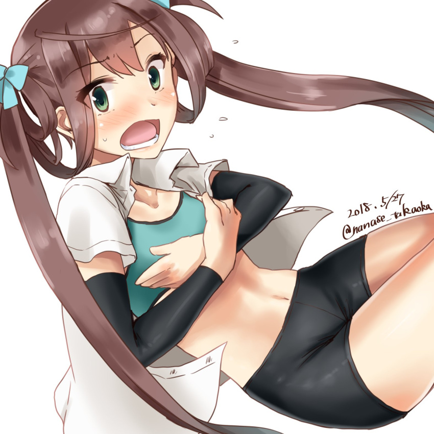 1girl arm_warmers asagumo_(kantai_collection) bike_shorts black_shorts brown_hair covering covering_chest cowboy_shot dated green_eyes hair_ribbon highres kantai_collection long_hair looking_at_viewer minase_(takaoka_nanase) open_clothes open_mouth open_shirt ribbon shirt shorts simple_background solo sports_bra surprised twintails twitter_username white_background white_shirt