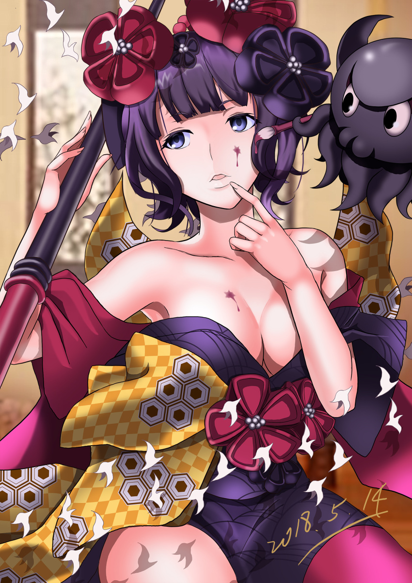 1girl 2018 absurdres breasts cleavage dated eyebrows_visible_through_hair fate_(series) finger_to_mouth highres japanese_clothes katsushika_hokusai_(fate/grand_order) kimono love-saber medium_breasts obi pixiv_fate/grand_order_contest_2 purple_hair sash short_hair solo violet_eyes