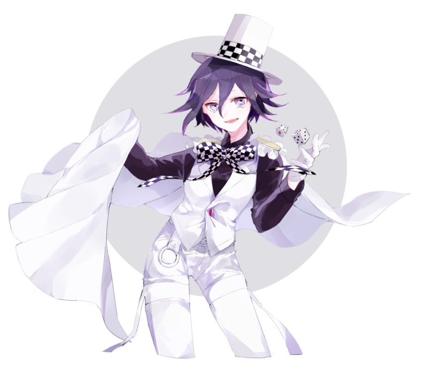 1boy :d adapted_costume artist_request cape contrapposto dangan_ronpa dice gloves hat new_dangan_ronpa_v3 open_mouth ouma_kokichi pants purple_hair ribbon short_hair smile solo violet_eyes