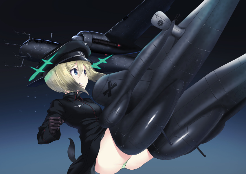 1girl a9b_(louis814) absurdres aircraft airplane ass blonde_hair blue_eyes brown_hair erica_hartmann eyebrows_visible_through_hair gloves grin hat highres hirschgeweih_antennas long_sleeves military military_uniform multicolored_hair panties pantyshot short_hair smile solo strike_witches striker_unit tail two-tone_hair underwear uniform vehicle_request world_witches_series