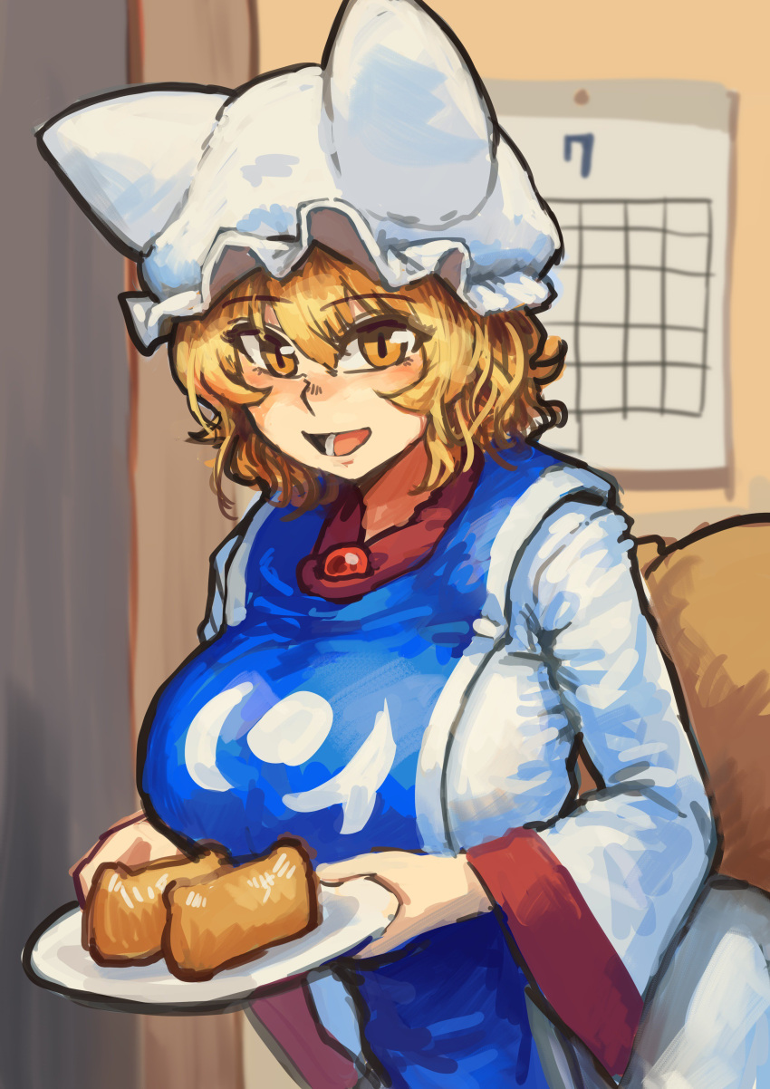 1girl absurdres alternate_eye_color blonde_hair breasts brown_eyes calendar chanta_(ayatakaoisii) dress eyebrows_visible_through_hair food fox_tail hair_between_eyes hat highres holding holding_plate indoors large_breasts long_sleeves looking_at_viewer multiple_tails open_mouth pillow_hat plate short_hair sidelocks slit_pupils smile solo tabard tail tofu touhou upper_body white_dress yakumo_ran