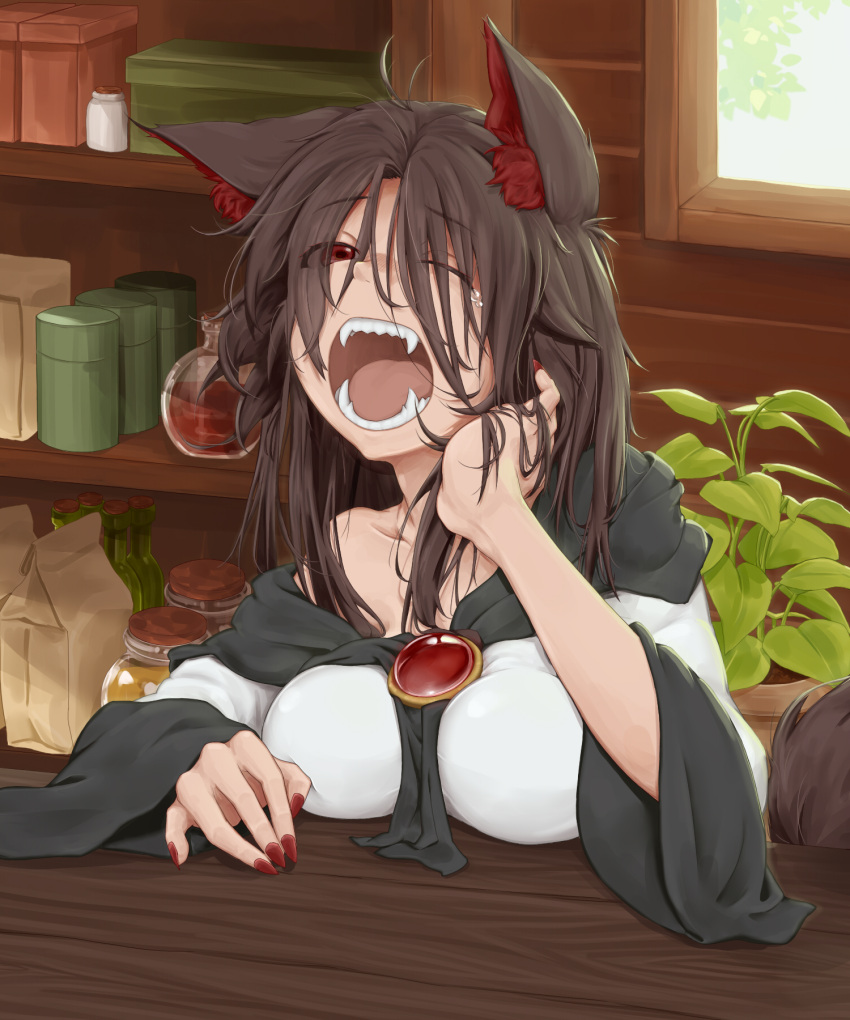 1girl animal_ears bag bottle breast_rest breasts brooch brown_hair canister dress eyebrows_visible_through_hair eyes_visible_through_hair fangs fingernails flask hair_over_eyes hair_tousle highres imaizumi_kagerou indoors jar jewelry kokko361 large_breasts long_hair messy_hair nail_polish off_shoulder one_eye_closed open_mouth plant potted_plant red_eyes shelf sitting solo table tail tears teeth touhou wide_sleeves window wolf_ears wolf_tail yawning