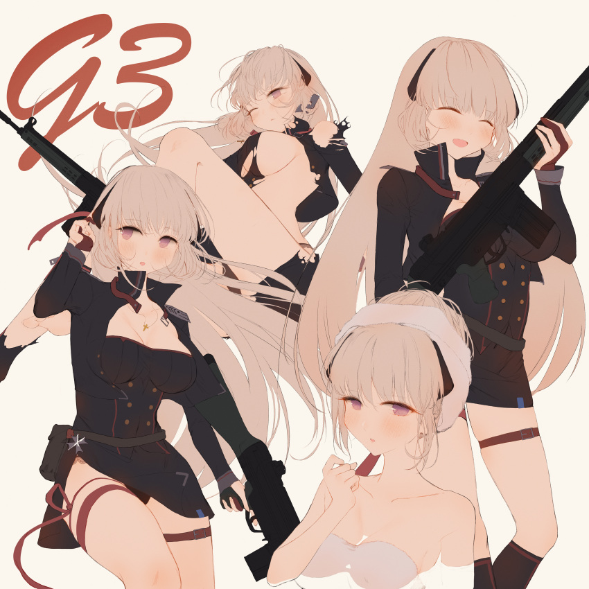 ^_^ absurdres battle_rifle blonde_hair blush breasts character_name cleavage closed_eyes commentary_request g3_(girls_frontline) girls_frontline gun h&amp;k_g3 highres jewelry long_hair looking_at_viewer muike naked_towel necklace rifle sideboob smile thigh_strap torn_clothes towel towel_on_head violet_eyes weapon